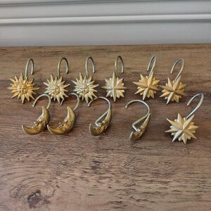 Vtg 90s Sun Moon Stars Celestial Shower Curtain Hooks Set Of 11 Gold Finish